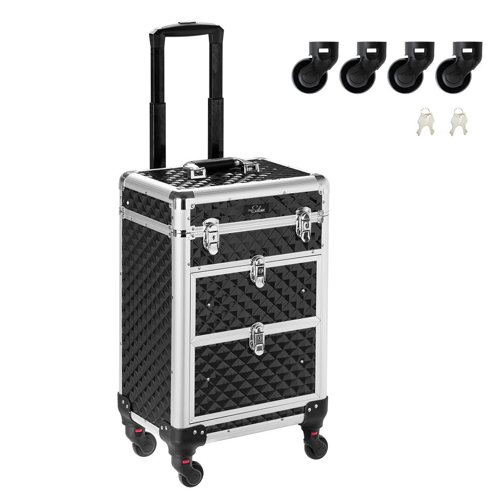 Factory Direct Rolling Aluminum Train Makeup Case 360-Degree Casters with 2 Sliding Drawers with Diamond Textures