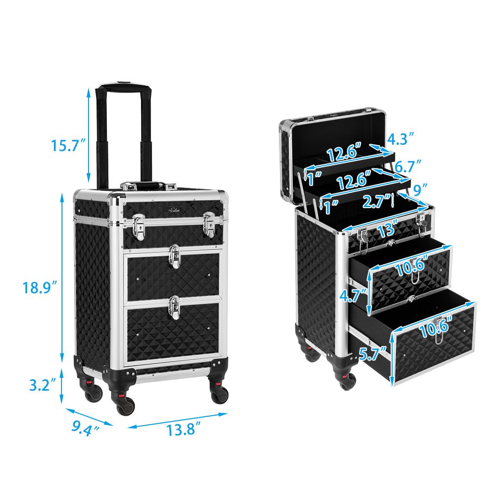 Factory Direct Rolling Aluminum Train Makeup Case 360-Degree Casters with 2 Sliding Drawers with Diamond Textures
