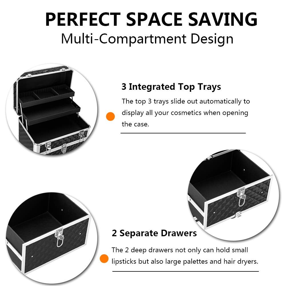 Factory Direct Rolling Aluminum Train Makeup Case 360-Degree Casters with 2 Sliding Drawers with Diamond Textures