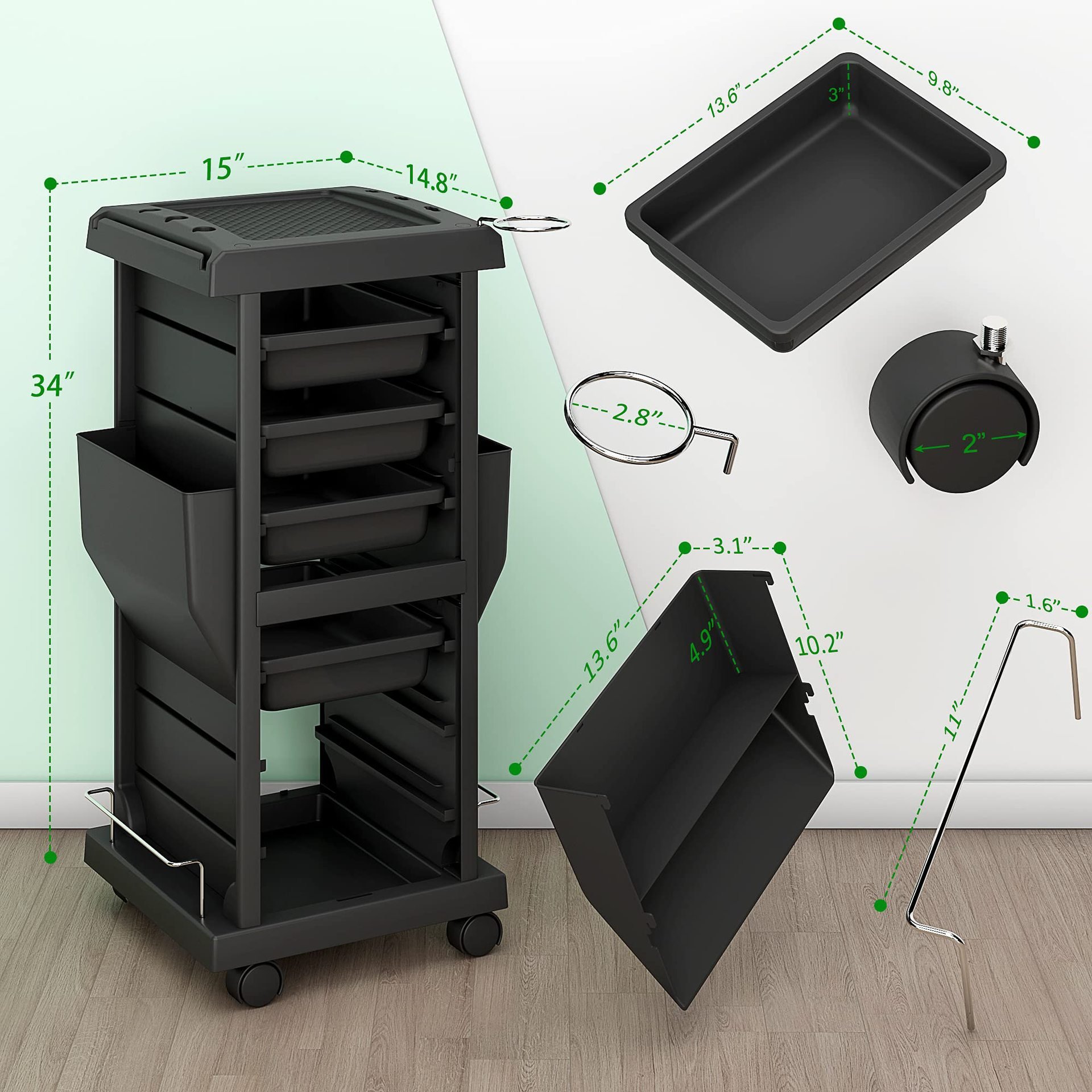 Modern Luxury Barber Shop Spa Beauty Salon Furniture Black Wood Hairdressing Tool Trolley with Storage Drawers