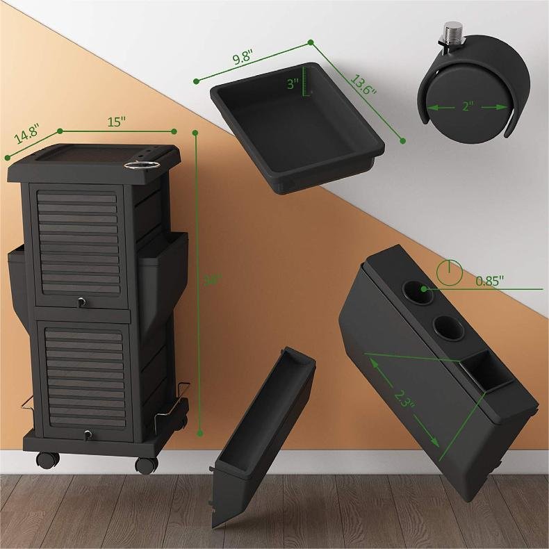 Modern Luxury Barber Shop Spa Beauty Salon Furniture Black Wood Hairdressing Tool Trolley with Storage Drawers