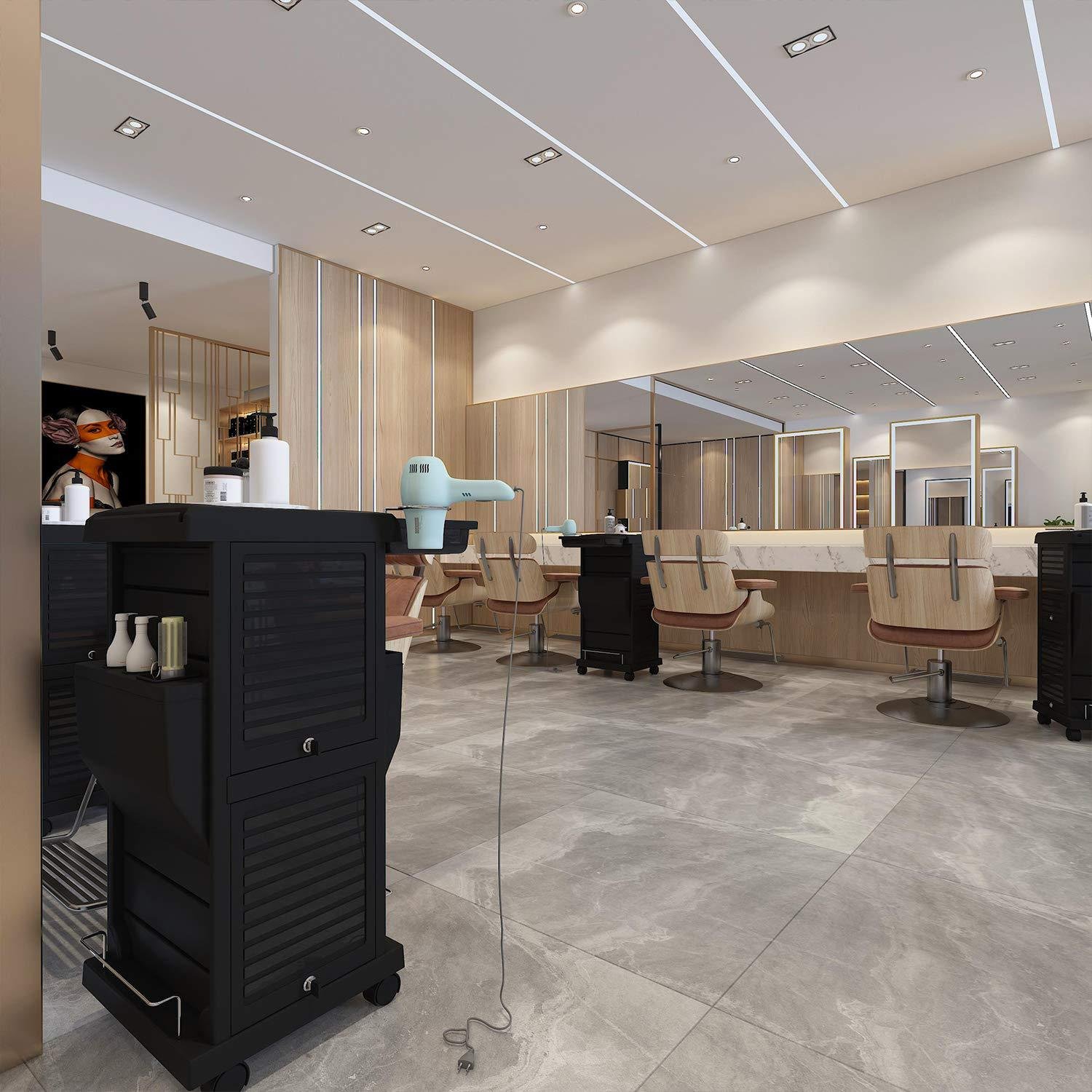 Modern Luxury Barber Shop Spa Beauty Salon Furniture Black Wood Hairdressing Tool Trolley with Storage Drawers
