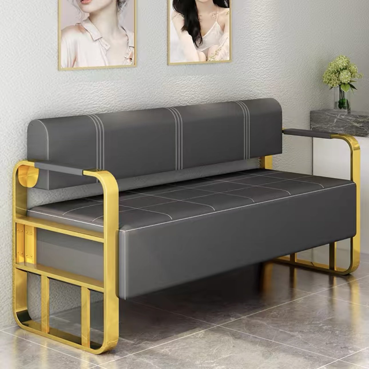 Golden Salon Furniture Beauty Salon Barber Shop Waiting Chair High Quality Waiting Sofa
