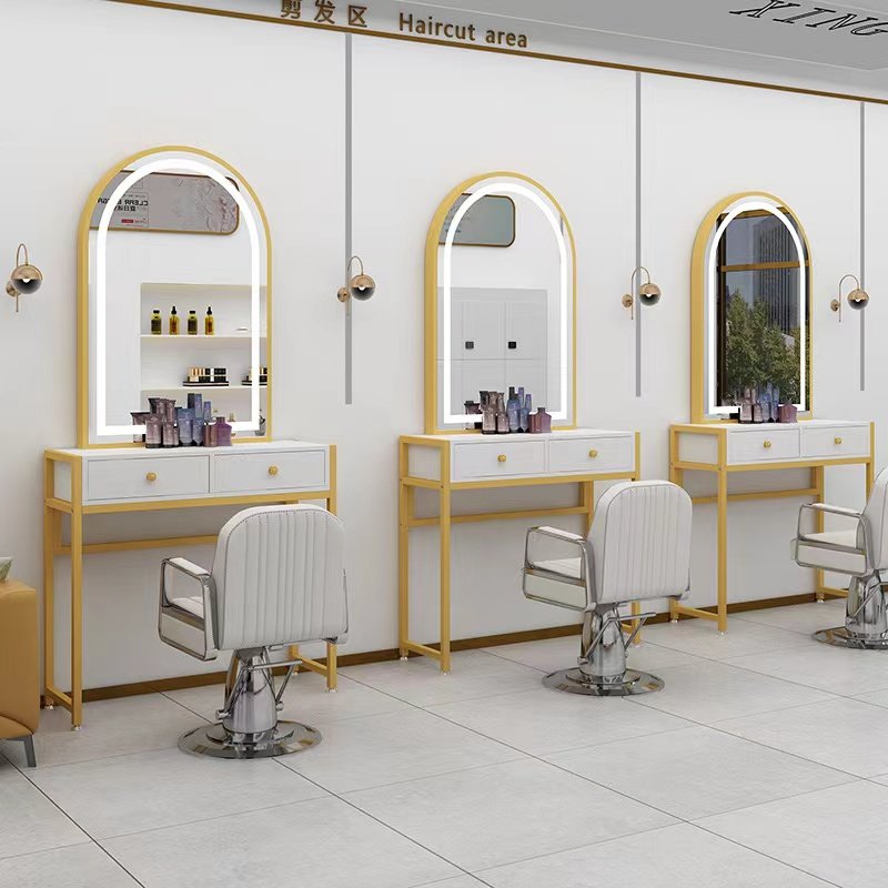 Diant manufacturer custom beauty arched gold floor standing led lighted hair salon mirror for chair salon sets for barbershop