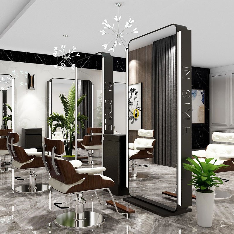 Diant manufacturer custom beauty arched gold floor standing led lighted hair salon mirror for chair salon sets for barbershop
