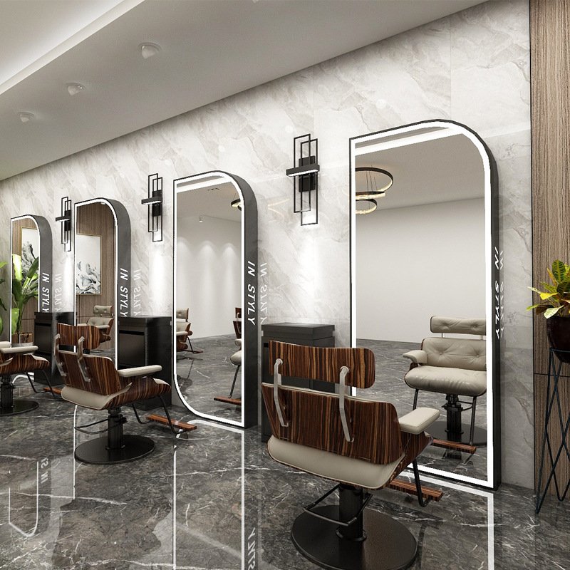Diant manufacturer custom beauty arched gold floor standing led lighted hair salon mirror for chair salon sets for barbershop