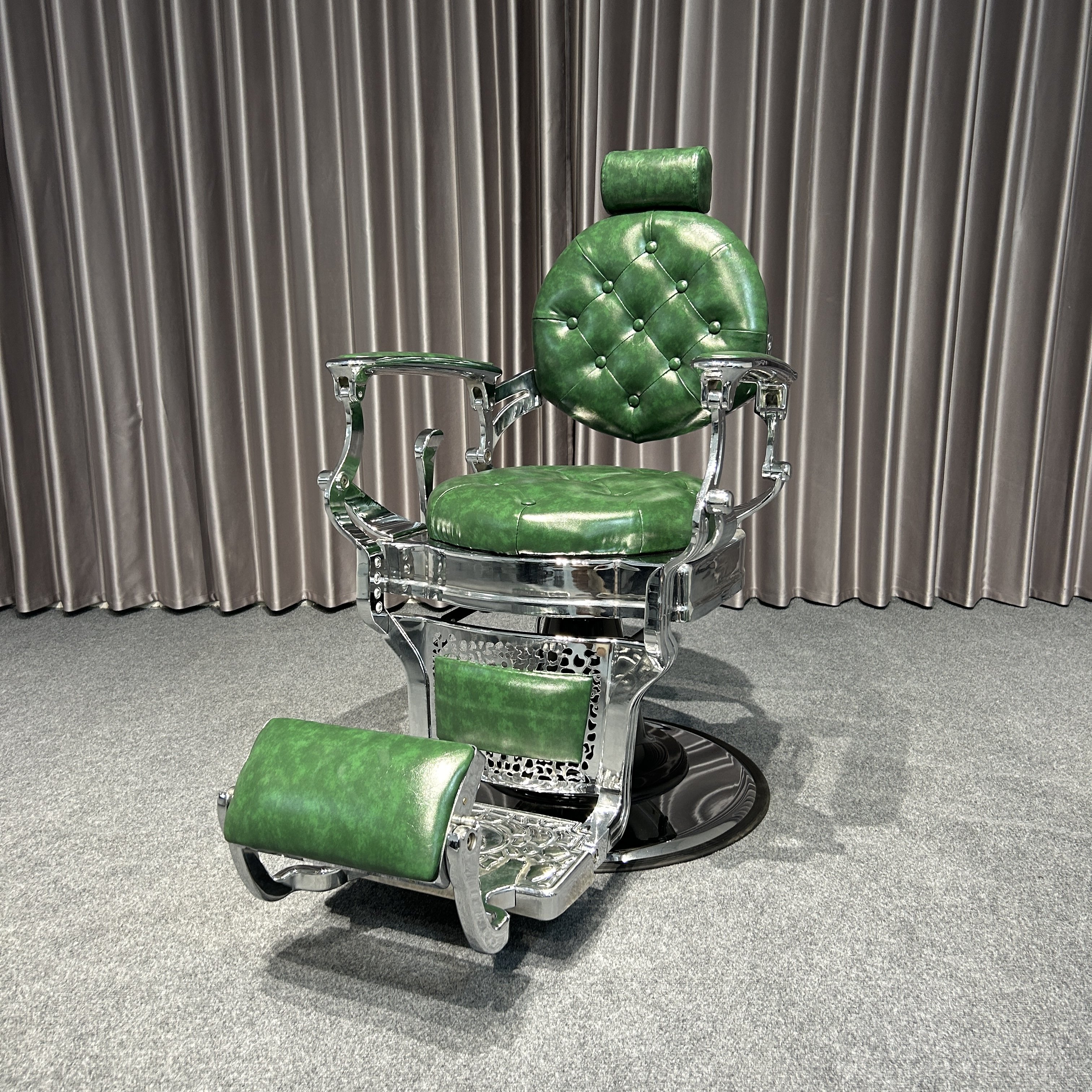 Utopia Green Men's Barber Chair Heavy Modern Antiqued Gold Salon Furniture for Barbershop Home Hotel-Leather Metal Material