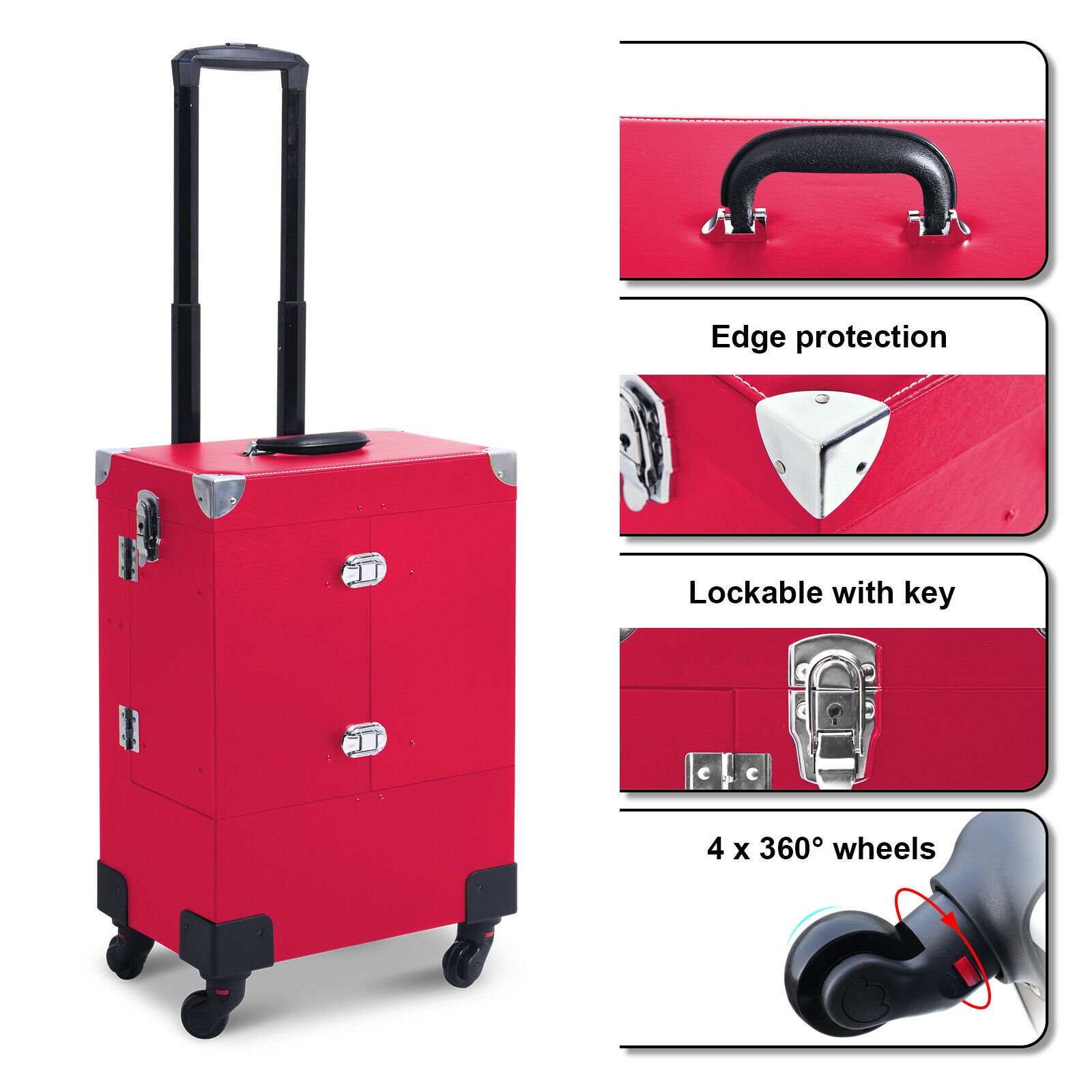 Portable Aluminum Makeup Train Cases Rolling Makeup Case Salon Beauty Cosmetic Jewelry Organizer Trolley with 4 Wheels Red