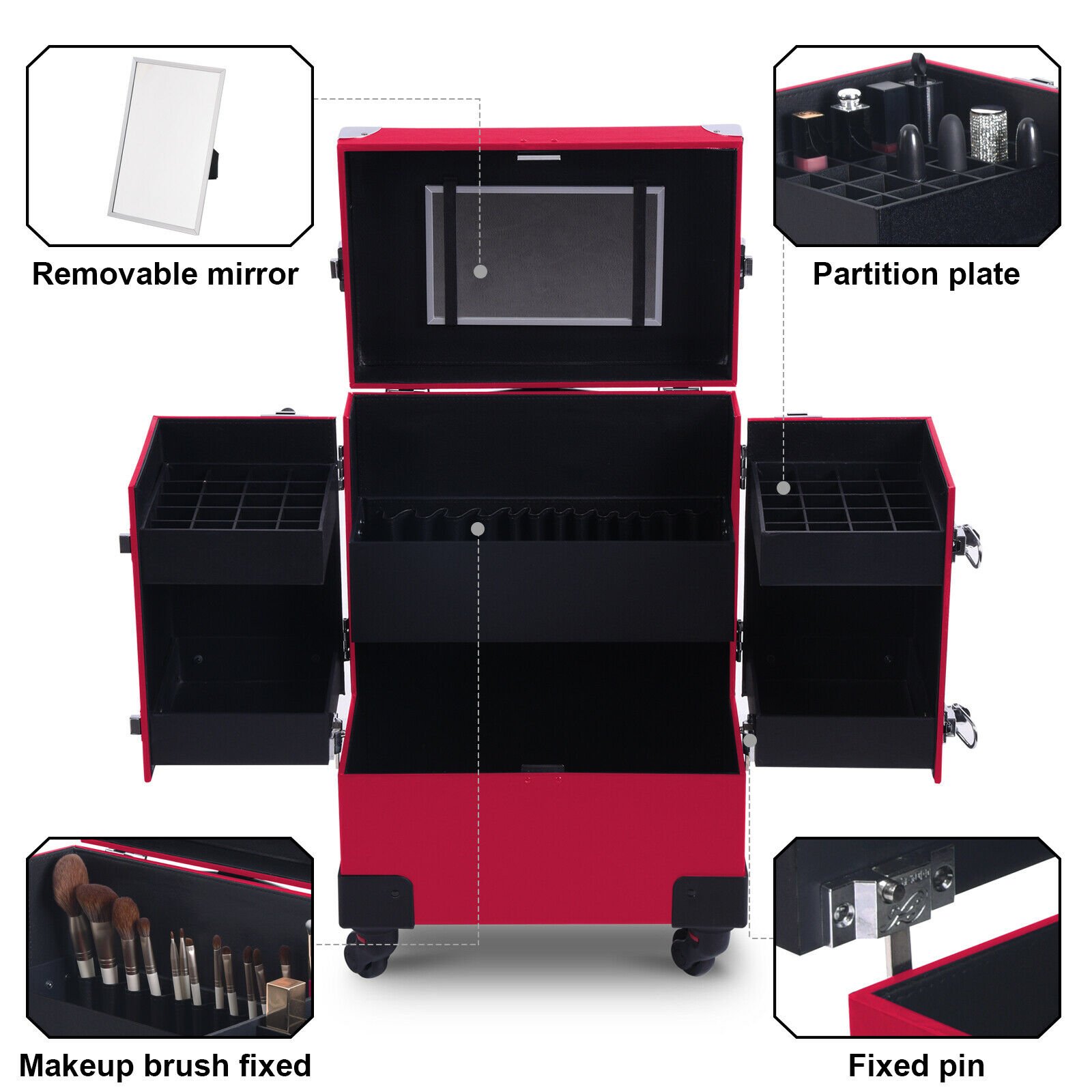 Portable Aluminum Makeup Train Cases Rolling Makeup Case Salon Beauty Cosmetic Jewelry Organizer Trolley with 4 Wheels Red