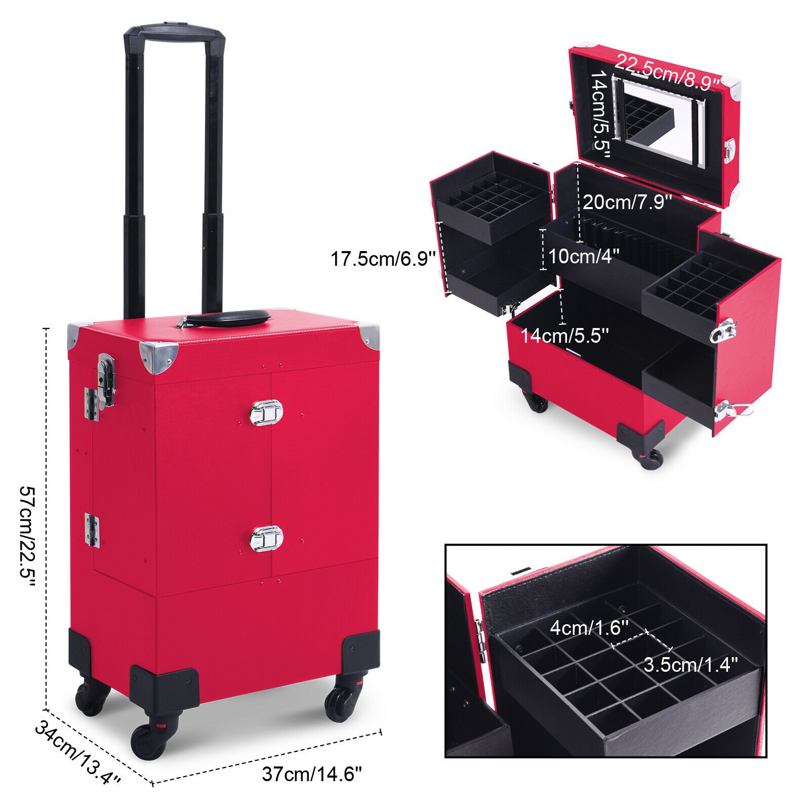 Portable Aluminum Makeup Train Cases Rolling Makeup Case Salon Beauty Cosmetic Jewelry Organizer Trolley with 4 Wheels Red