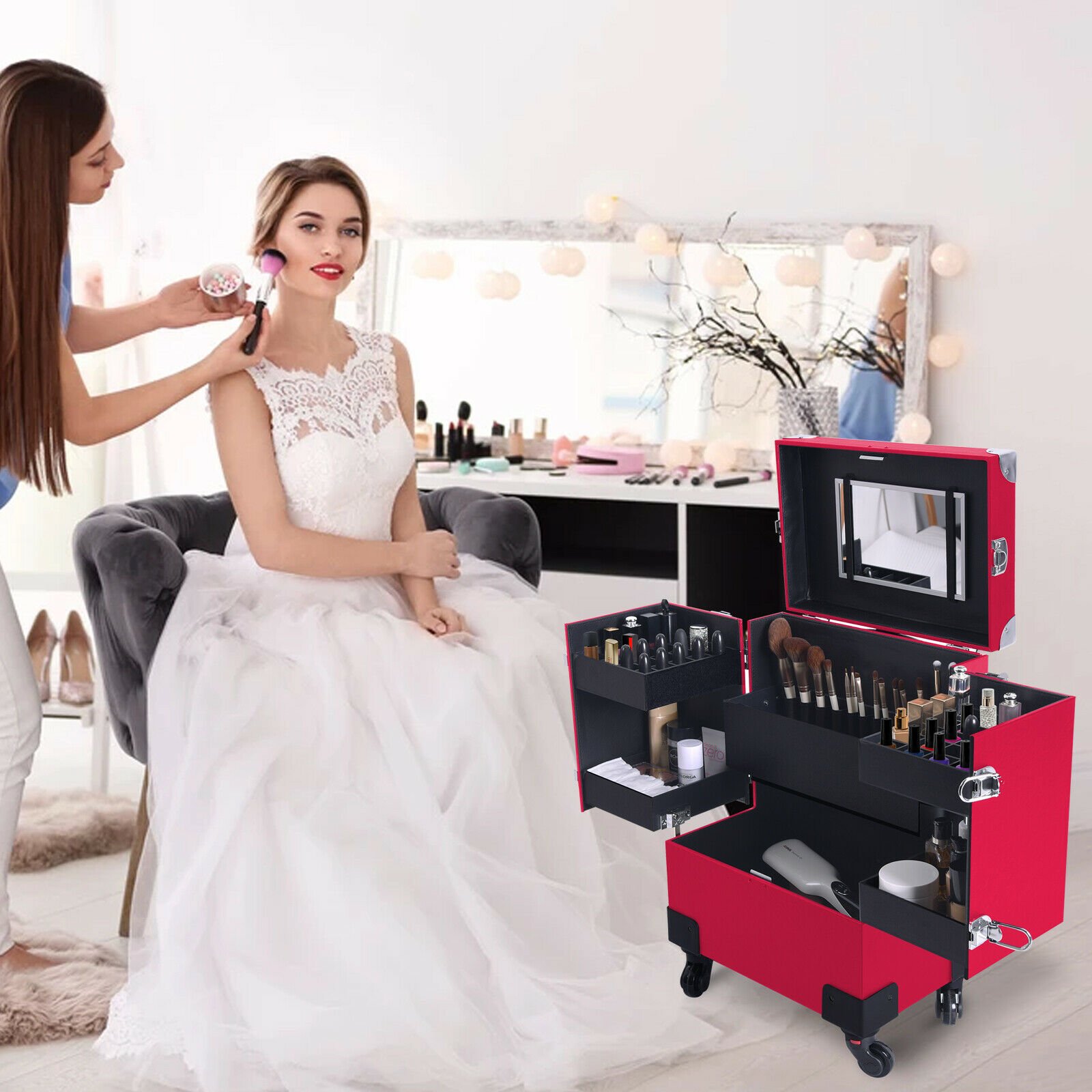 Portable Aluminum Makeup Train Cases Rolling Makeup Case Salon Beauty Cosmetic Jewelry Organizer Trolley with 4 Wheels Red
