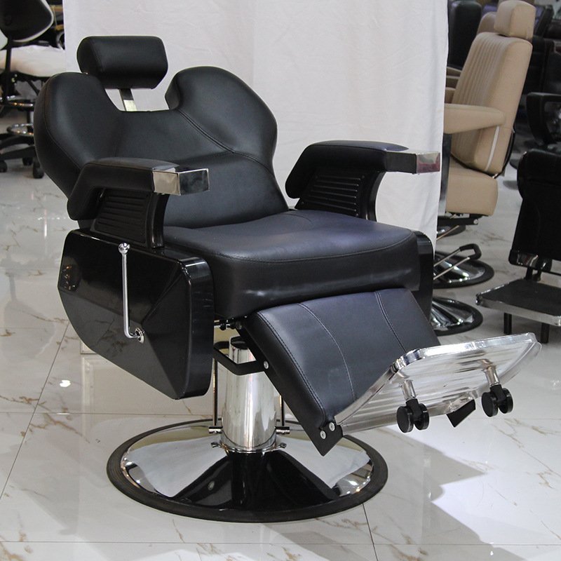 Heavy Duty Reclining Vintage Men Hair Cutting Salon Chair Black Leather Classic Barber Chair