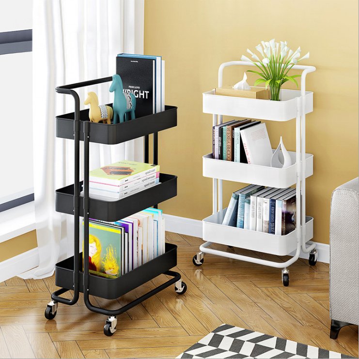 Plastic 3-Tier Storage Trolley With Handle Three Layers Black White Yellow Blue trolley Cart For Kitchen Bathroom Living Room
