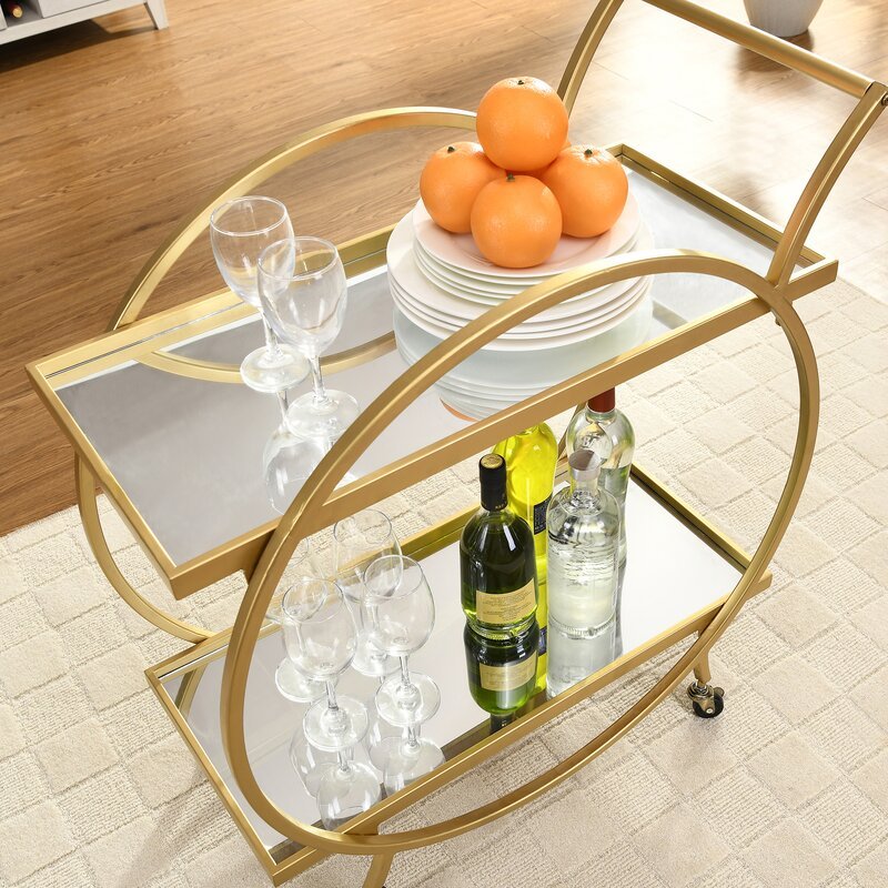 SWT Luxury Golden Metal Round Shelf Glass Marble Hotel Serving Bar Cart Trolley With Wheels