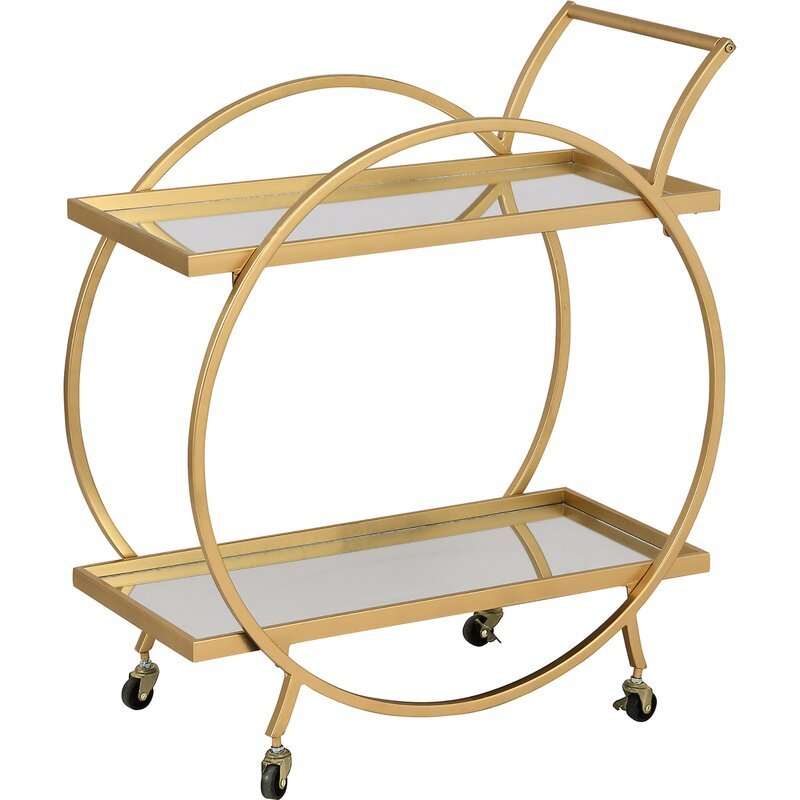 SWT Luxury Golden Metal Round Shelf Glass Marble Hotel Serving Bar Cart Trolley With Wheels