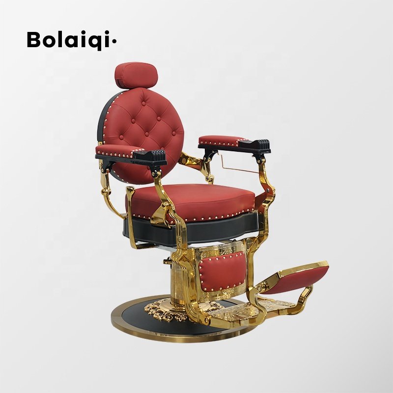 BOLAIQI professional barbershop furniture equipment adjustable barber armchairs red and gold barber chair