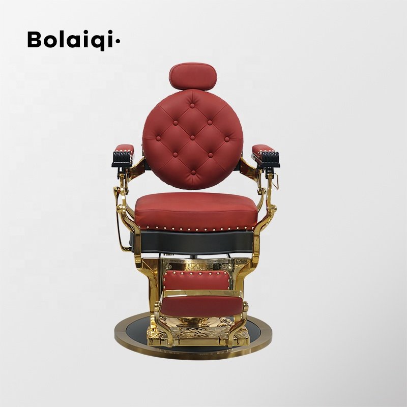 BOLAIQI professional barbershop furniture equipment adjustable barber armchairs red and gold barber chair