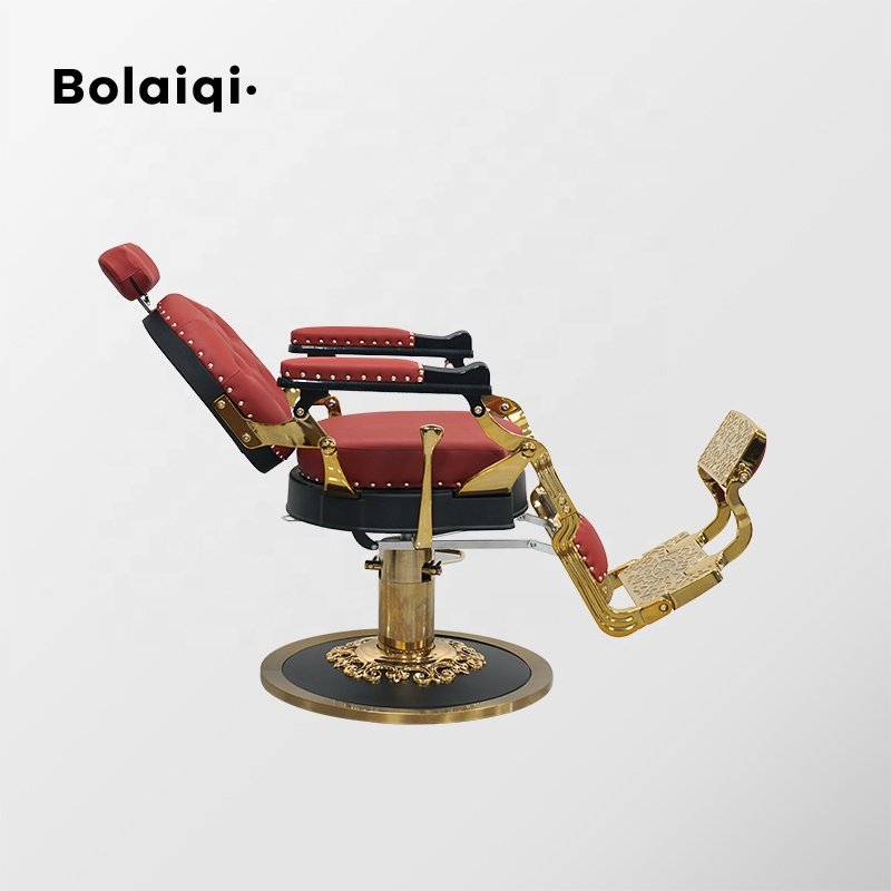 BOLAIQI professional barbershop furniture equipment adjustable barber armchairs red and gold barber chair