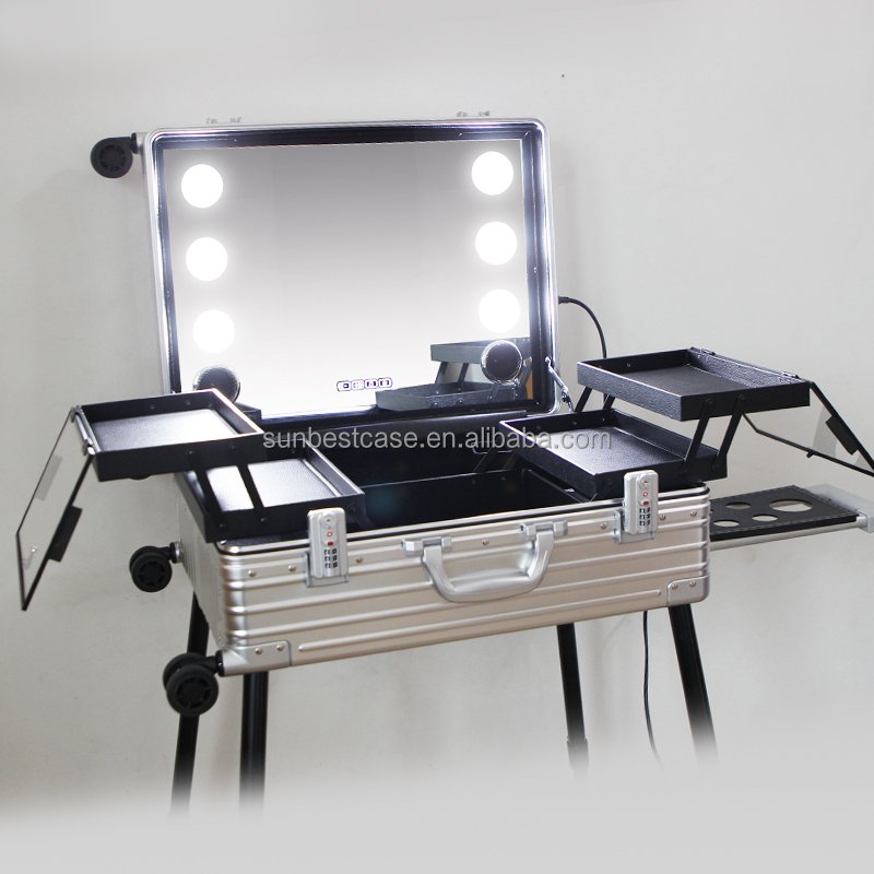 Aluminum waterproof cosmetic case with mirror light large makeup train case with lighted and mirror for salon artist traveling