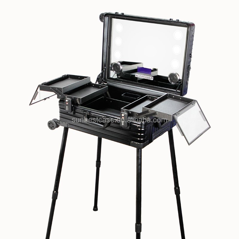 Aluminum waterproof cosmetic case with mirror light large makeup train case with lighted and mirror for salon artist traveling