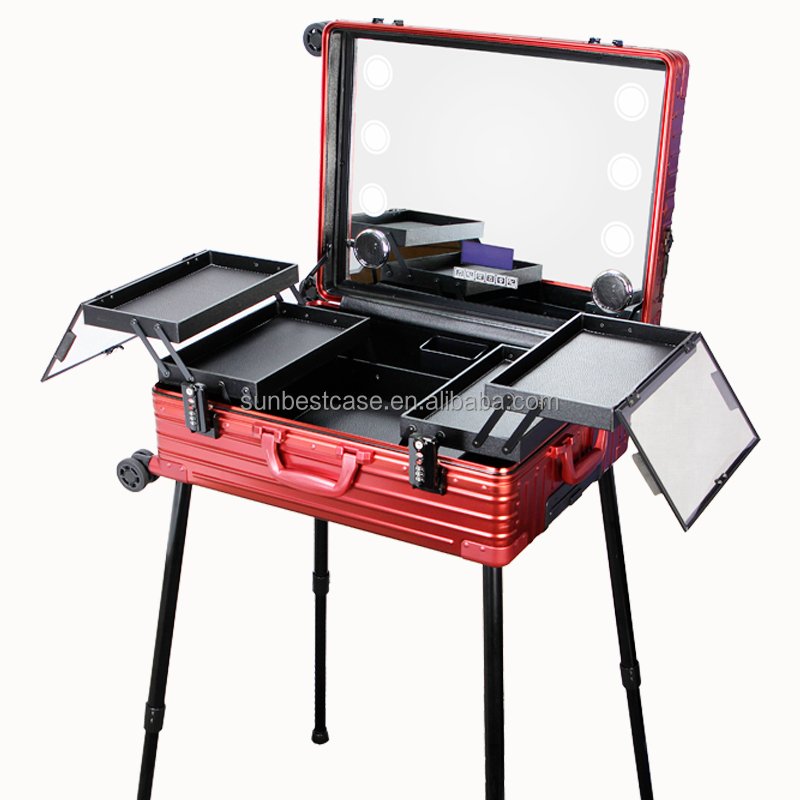 Aluminum waterproof cosmetic case with mirror light large makeup train case with lighted and mirror for salon artist traveling