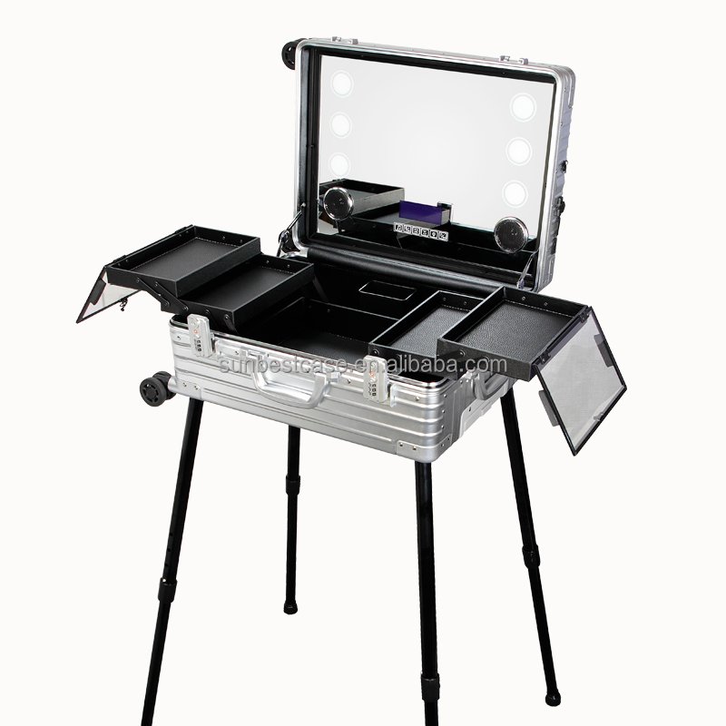 Aluminum waterproof cosmetic case with mirror light large makeup train case with lighted and mirror for salon artist traveling