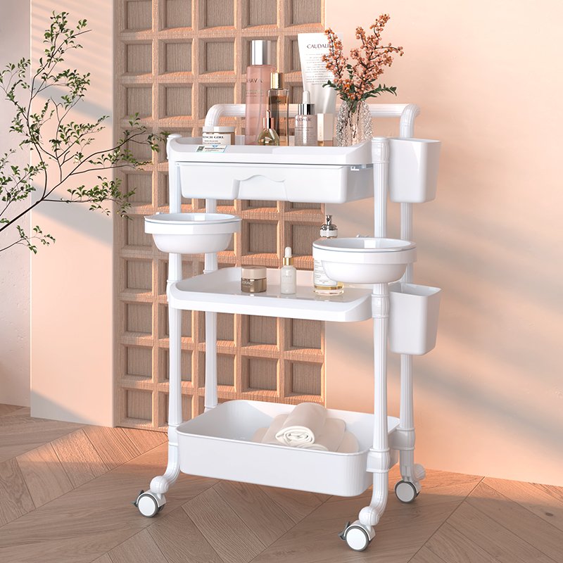 China Factory Prices High Demand Products Pink And White Beauty Spa Plastic Trolly Cart With Mute Castor