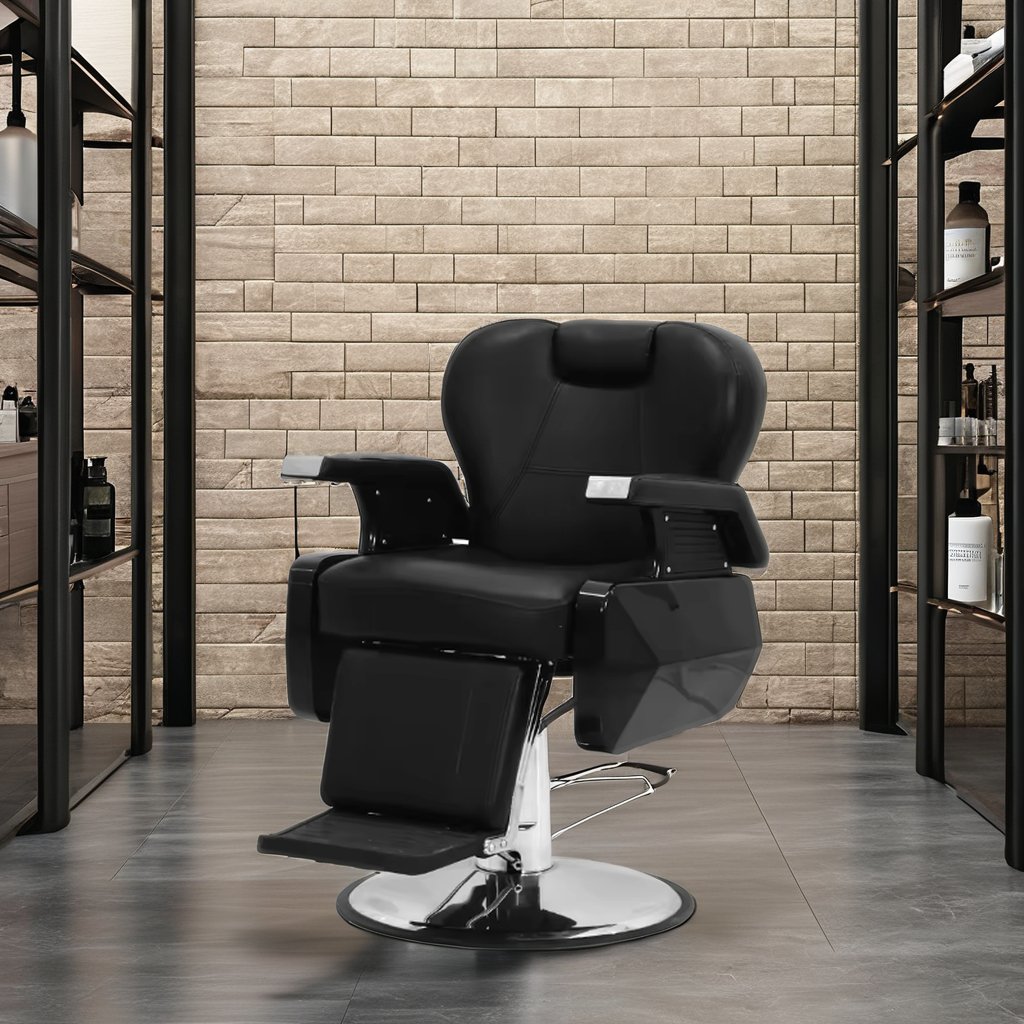 BERSEN Simple Stainless Steel Brown Black Antique Recliner Barber Shop Chair For Hair Salon Men Reclining Barber Chair