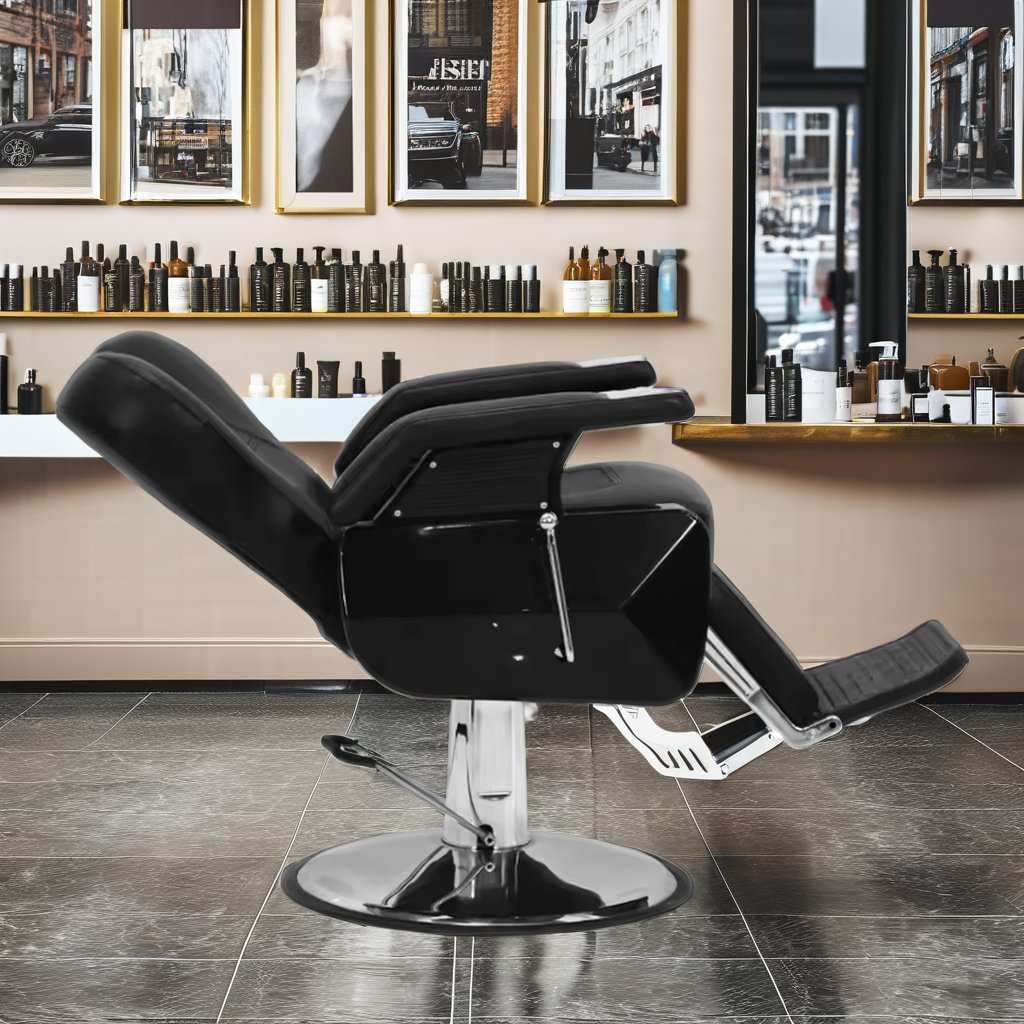 BERSEN Simple Stainless Steel Brown Black Antique Recliner Barber Shop Chair For Hair Salon Men Reclining Barber Chair