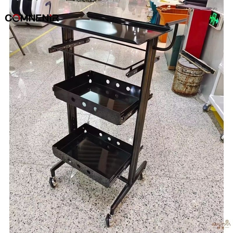 Professional Black Metal Hair Salon Trolley Modern Design Plastic Beauty Carts for Home Use