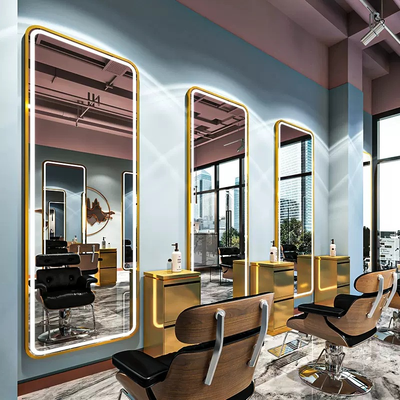Best Selling Modern square Hairdressing Gold Silver Single Sided Wall Barber Salon Hair Salon Mirrors Station With Led Lamp