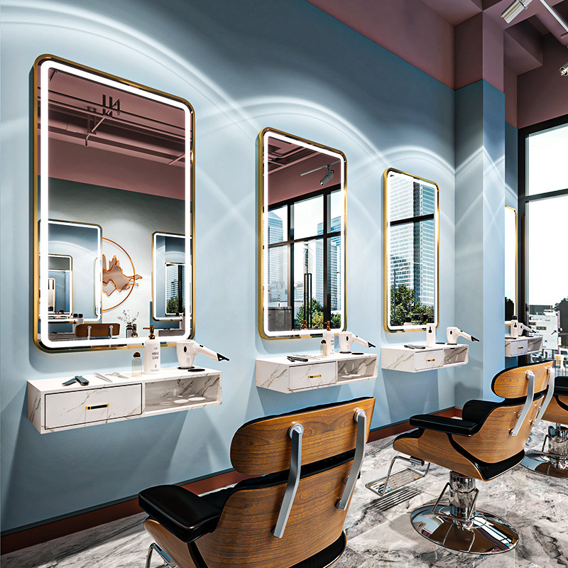 Best Selling Modern square Hairdressing Gold Silver Single Sided Wall Barber Salon Hair Salon Mirrors Station With Led Lamp