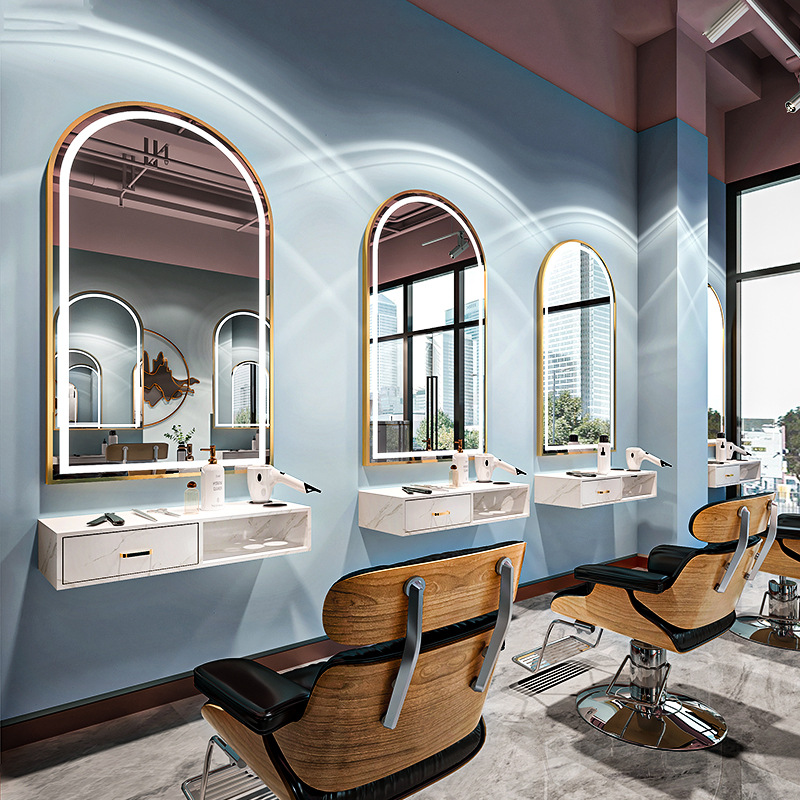 Best Selling Modern square Hairdressing Gold Silver Single Sided Wall Barber Salon Hair Salon Mirrors Station With Led Lamp