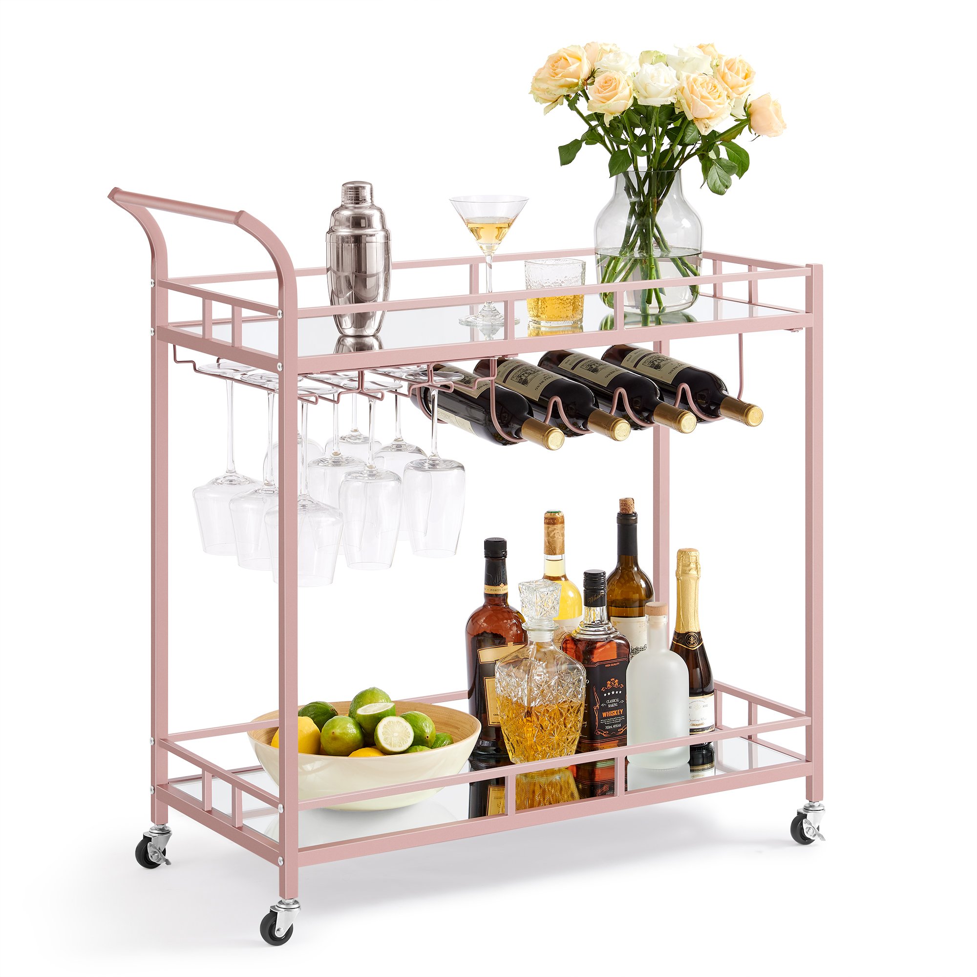 VASAGLE Hotel Restaurant Home Serving Trolley with Glass Top pink Kitchen Cart Trolley Metal glass Bar cart