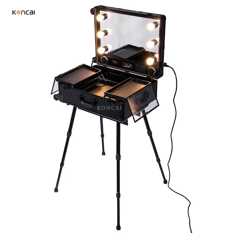 Professional Trolley Roller Makeup Case Large Led Mirror Cosmetic Makeup Case Aluminum Makeup Travel Box with Light and MP3