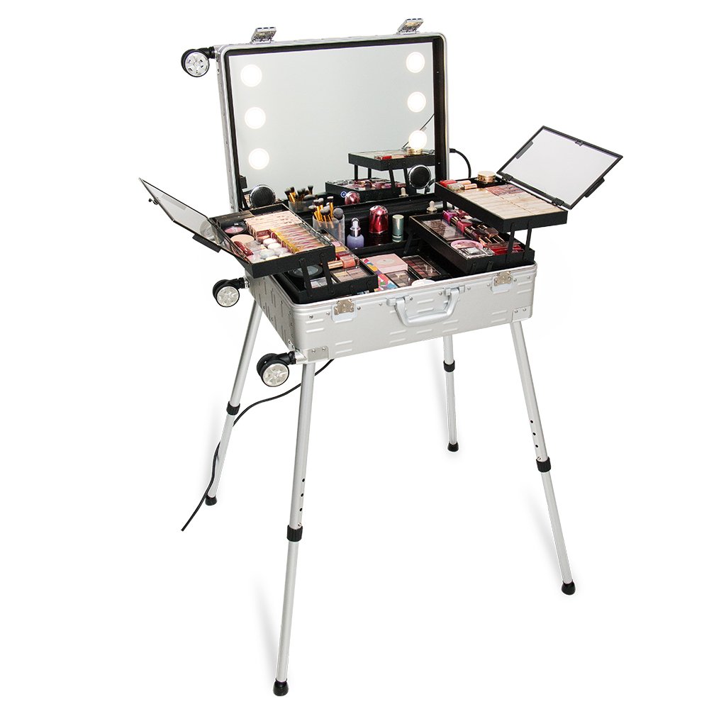 Professional Trolley Roller Makeup Case Large Led Mirror Cosmetic Makeup Case Aluminum Makeup Travel Box with Light and MP3