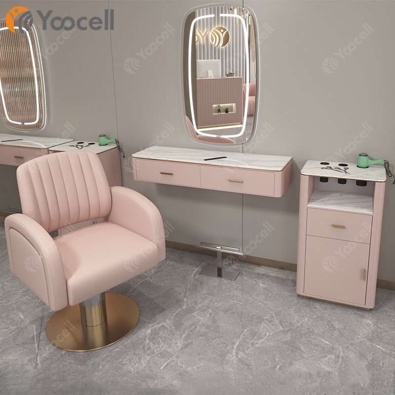 Yoocell hair round salon mirror light and chair sets salon vanity with mirror barber chair styling station and trolley