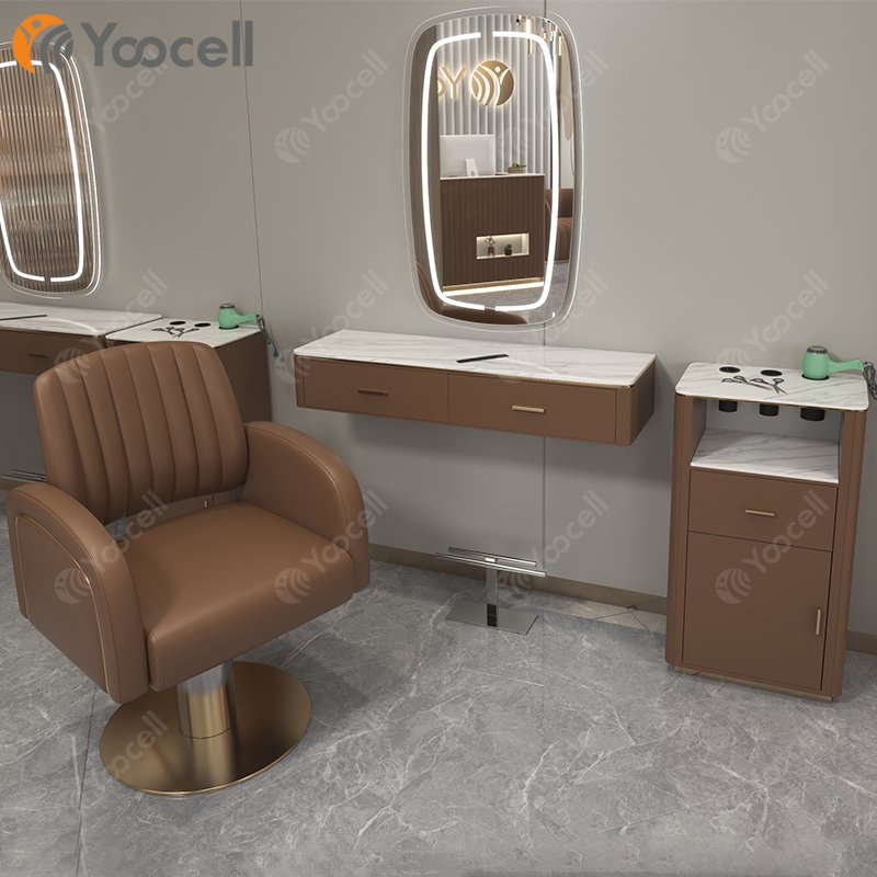 Yoocell hair round salon mirror light and chair sets salon vanity with mirror barber chair styling station and trolley