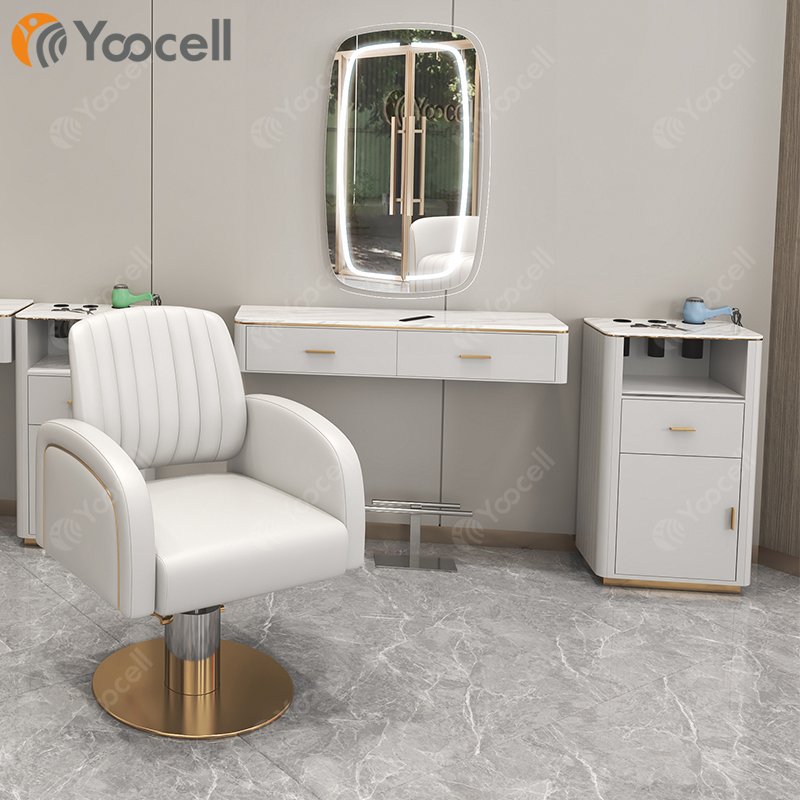 Yoocell hair round salon mirror light and chair sets salon vanity with mirror barber chair styling station and trolley