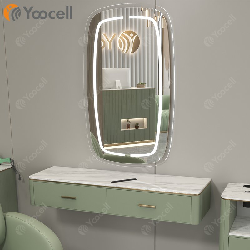Yoocell hair round salon mirror light and chair sets salon vanity with mirror barber chair styling station and trolley