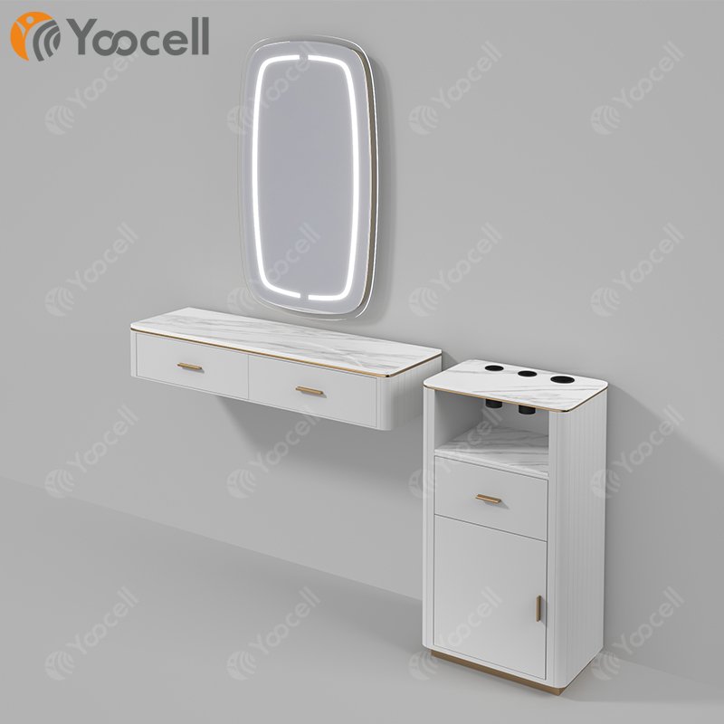 Yoocell hair round salon mirror light and chair sets salon vanity with mirror barber chair styling station and trolley
