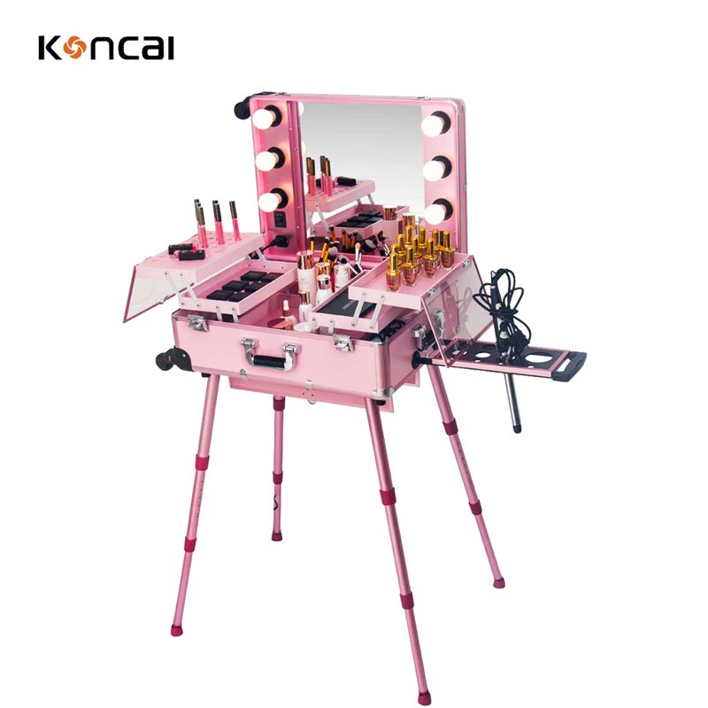 KONCAI FAMA factory Aluminum trolley rolling beauty makeup station professional cosmetic case with mirror and light