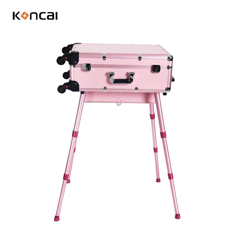 KONCAI FAMA factory Aluminum trolley rolling beauty makeup station professional cosmetic case with mirror and light