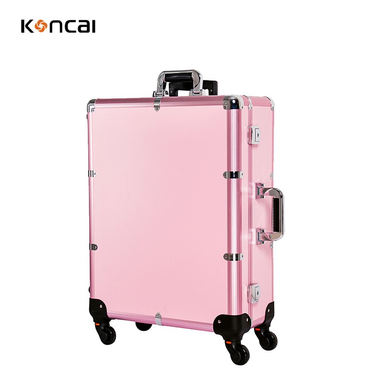 KONCAI FAMA factory Aluminum trolley rolling beauty makeup station professional cosmetic case with mirror and light