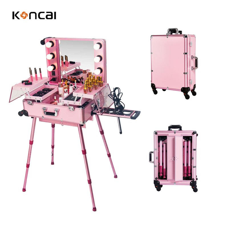 KONCAI FAMA factory Aluminum trolley rolling beauty makeup station professional cosmetic case with mirror and light