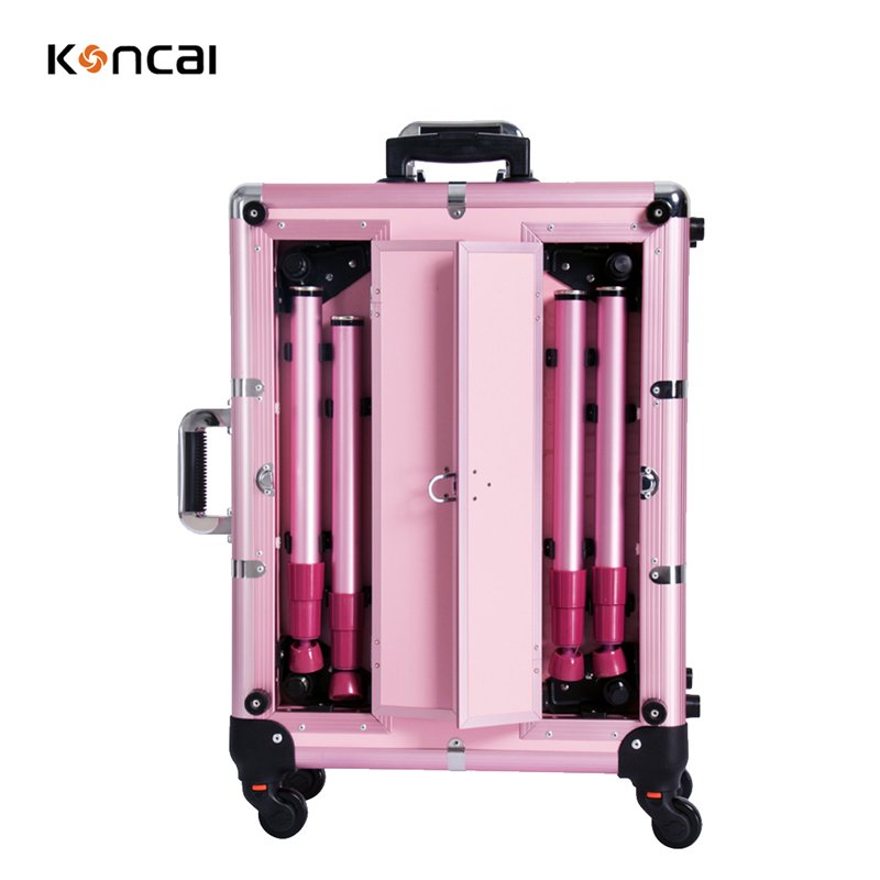KONCAI FAMA factory Aluminum trolley rolling beauty makeup station professional cosmetic case with mirror and light