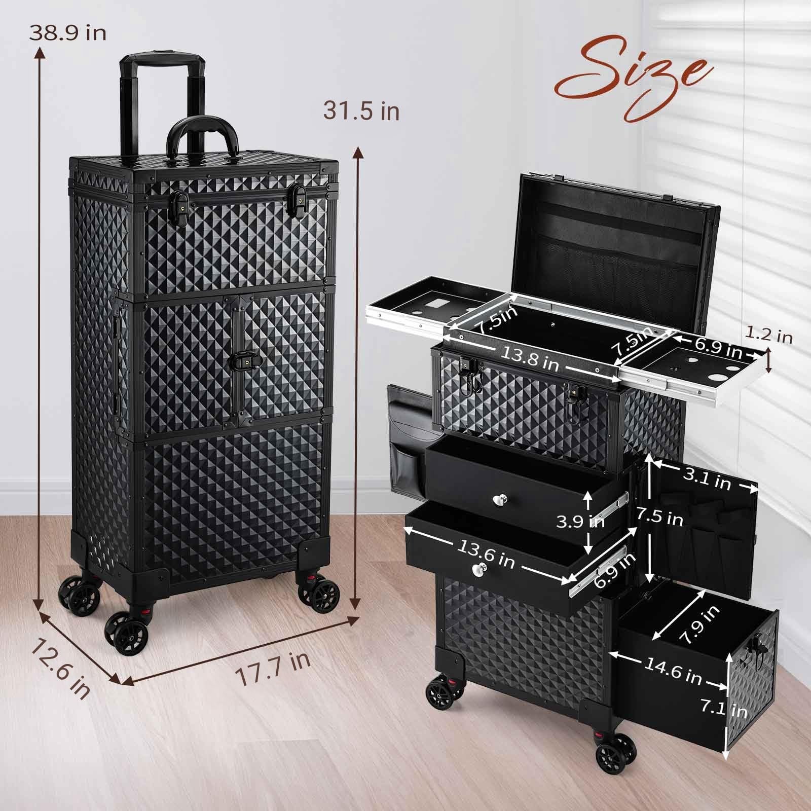 Hair Stylist Beauty Station Cosmetic Trolley Professional Organizer Rolling Makeup Train Case with Hairdryer Holder