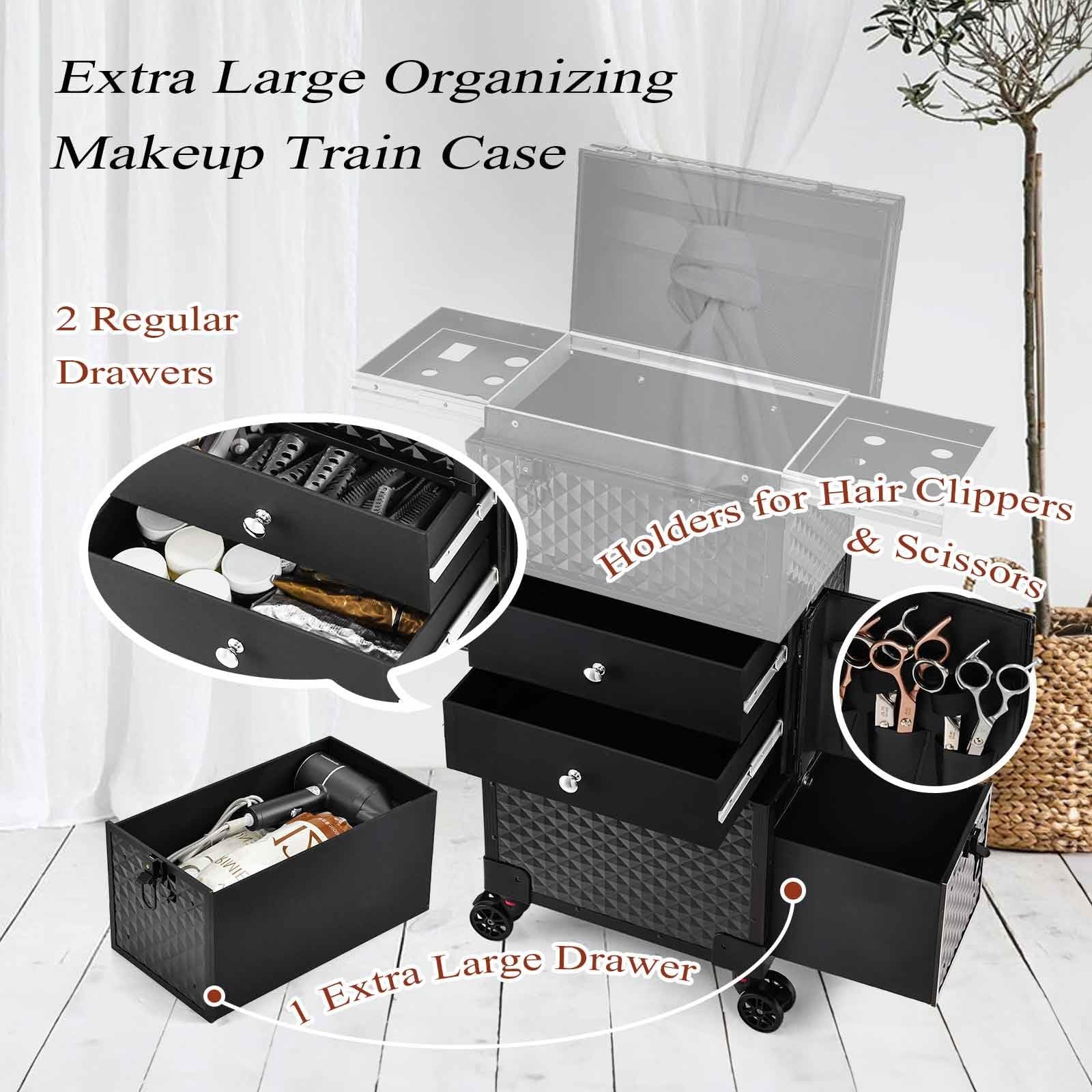 Hair Stylist Beauty Station Cosmetic Trolley Professional Organizer Rolling Makeup Train Case with Hairdryer Holder