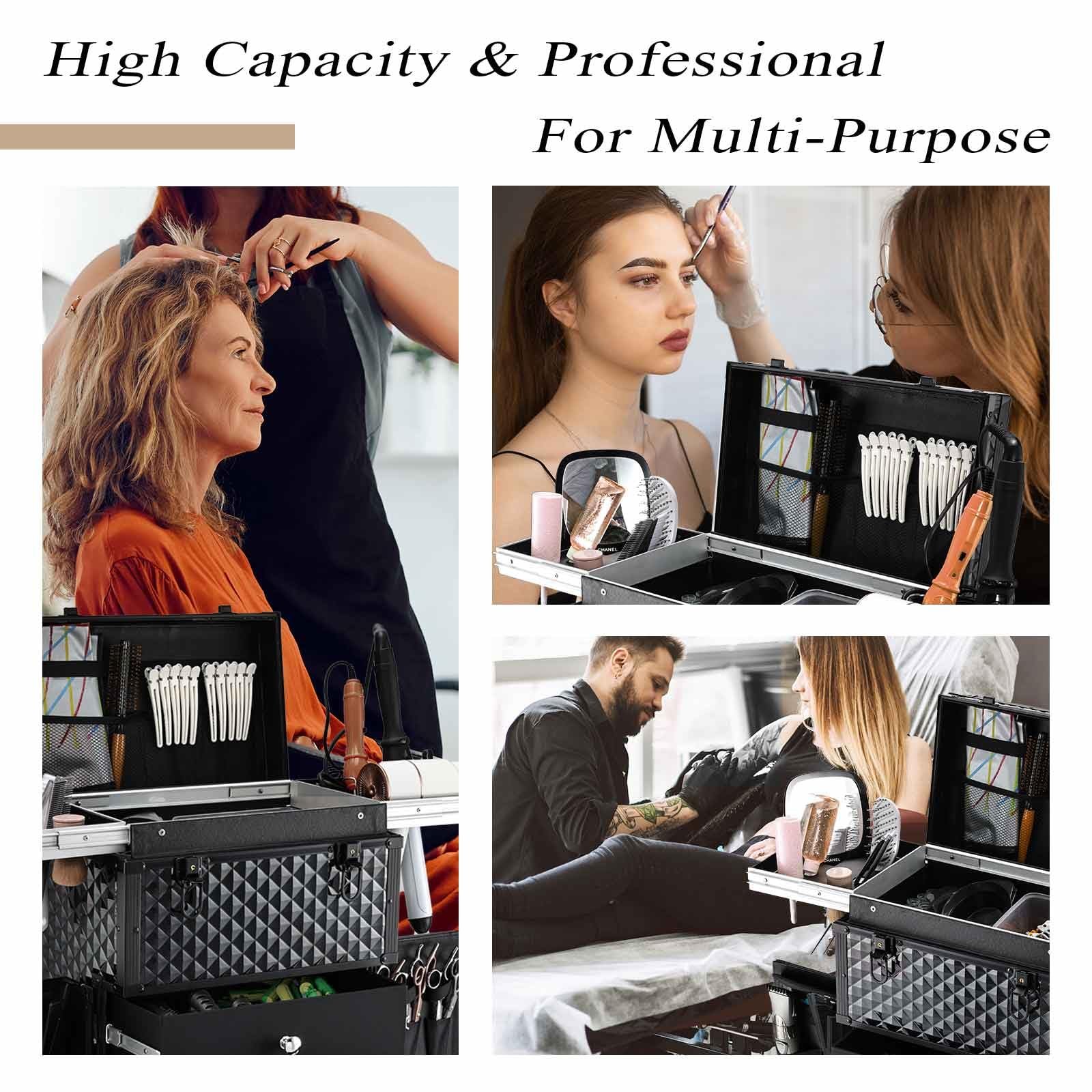 Hair Stylist Beauty Station Cosmetic Trolley Professional Organizer Rolling Makeup Train Case with Hairdryer Holder