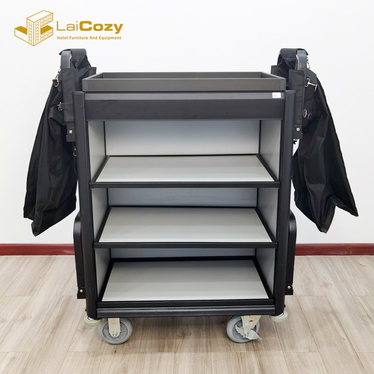 Deluxe Aluminium Lightweight Janitor Cart Cleaning Maid Cart Hotel Cleaning Equipment Housekeeping Trolley Cart